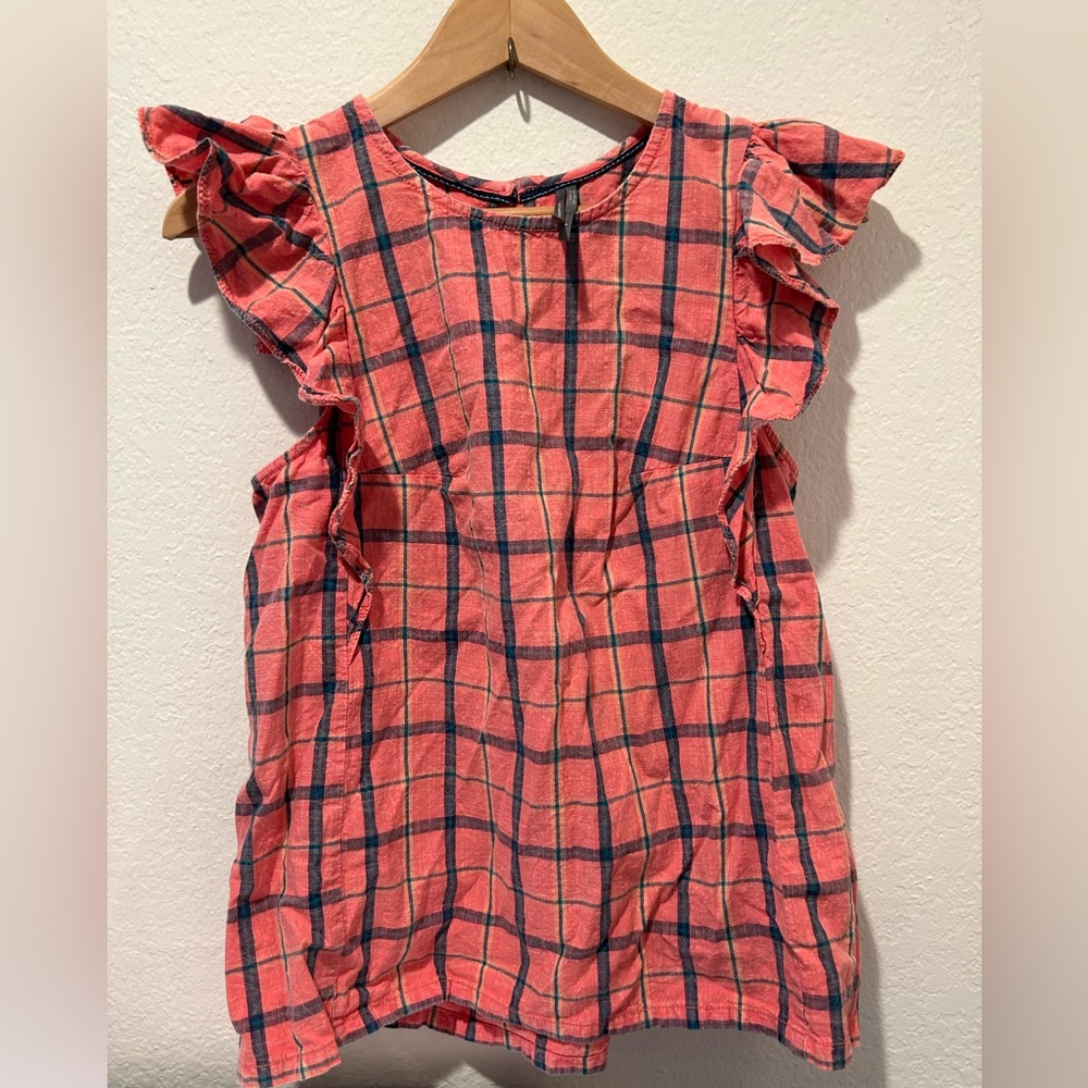 Anthropologie peach plaid sleeveless blouse